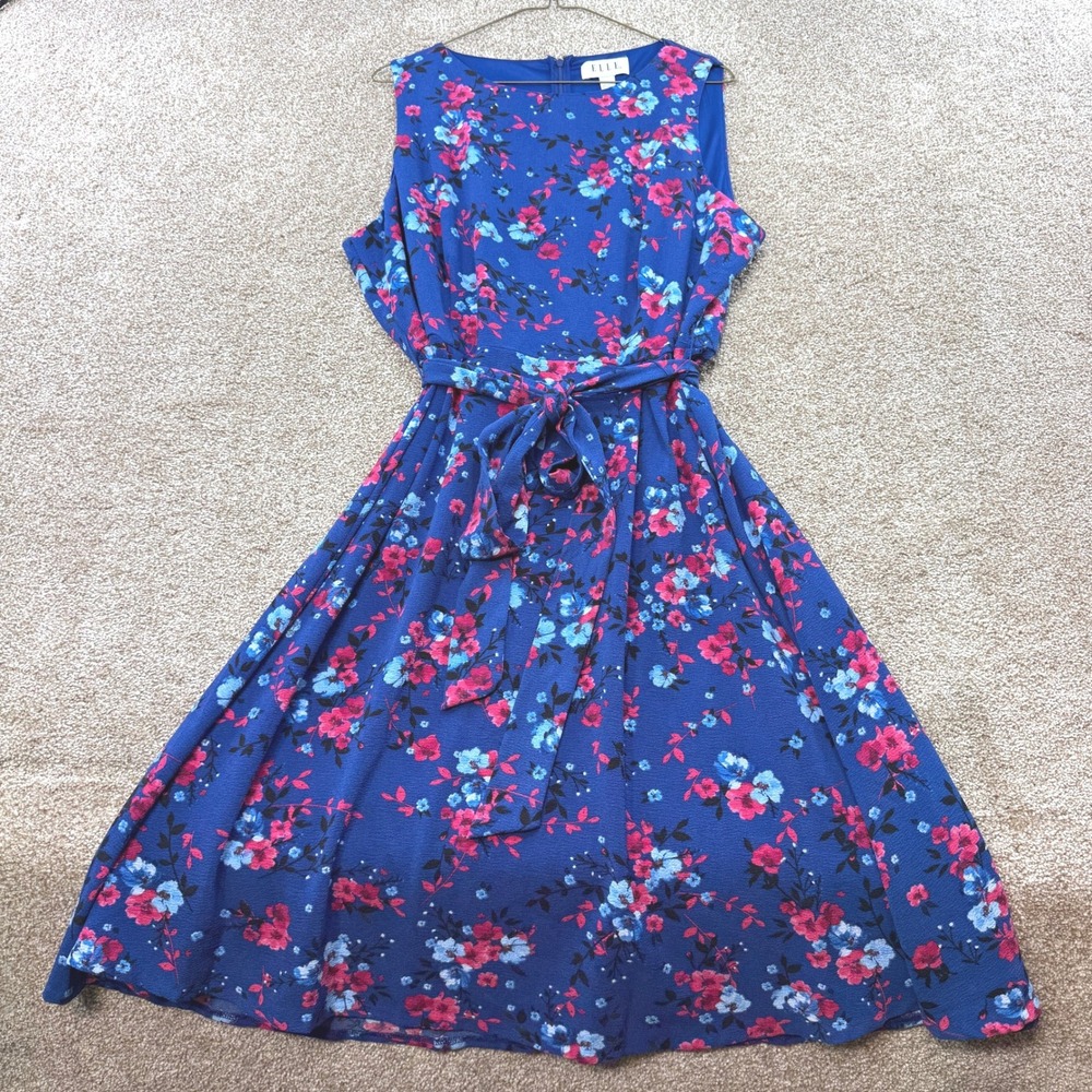 Elle Sleeveless Fit Flare Floral Dress Blue Pink XL Tie Waist Wedding Spring